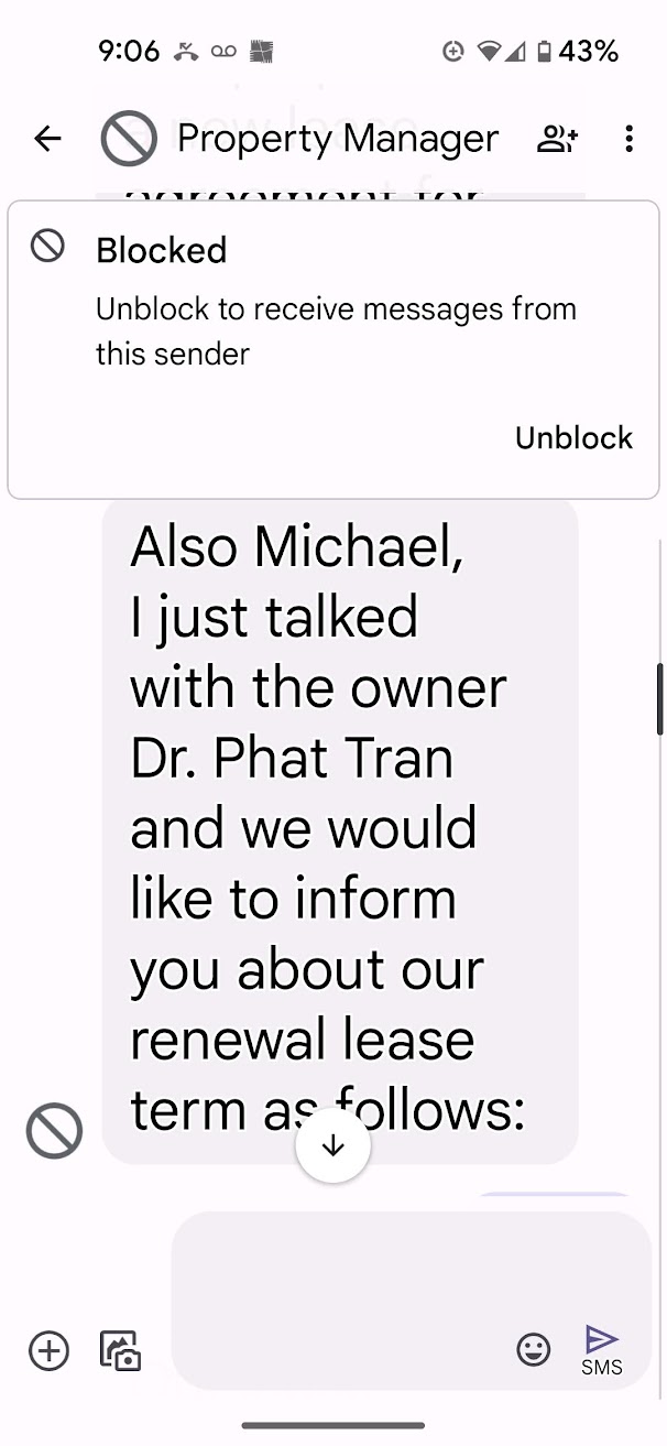 Message showing Hanson Le invoking owner and new renewal terms